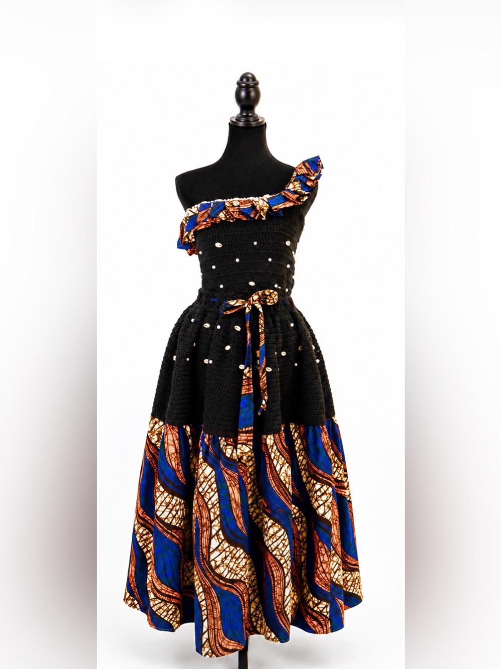Black One-Shoulder crochet Mixed-Print Dress with Blue & Brown Accents